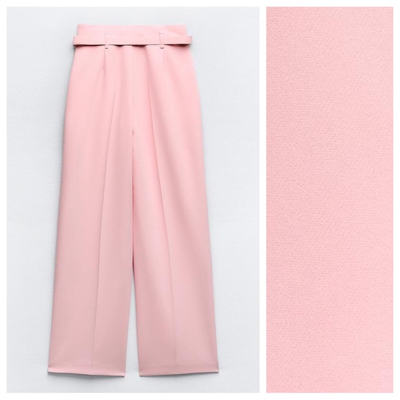 NWT. Zara Pink Viscose Blend Wide Legs Belted Trousers/Pants. Size M. - Picture 3 of 9